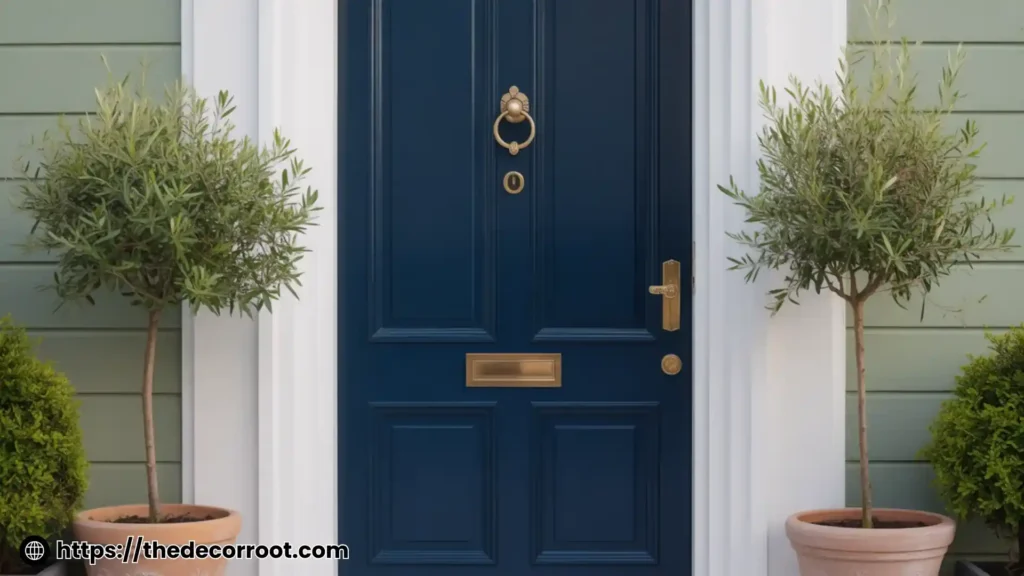Close-up of a front door in deep navy with brass hardware against a sage green exterior exterior house color trends 2026