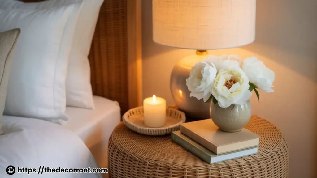 Styled wicker nightstand with a warm lamp, fresh white peonies, and stacked books — Nancy Meyers bedroom ideas