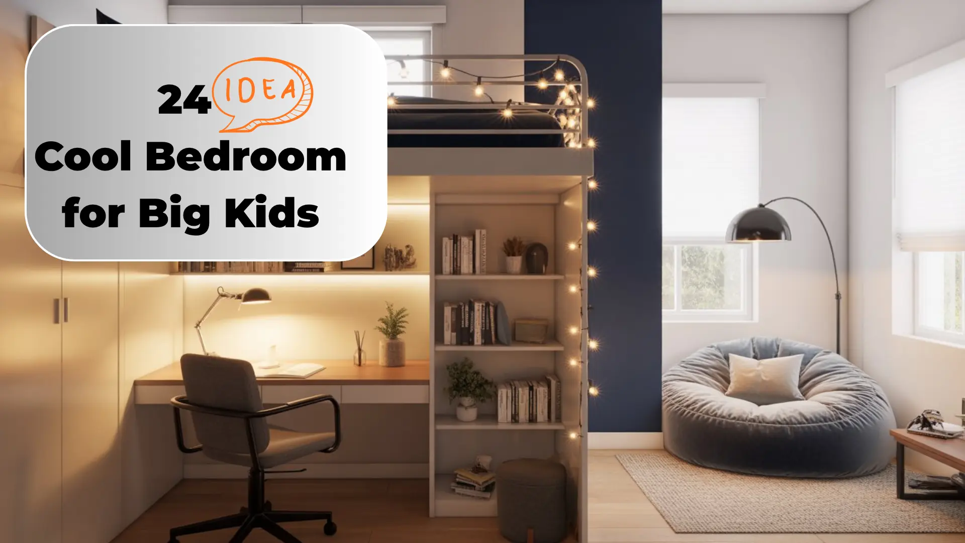 Stylish tween bedroom with a loft bed, reading nook underneath, and bold accent wall cool bedroom ideas for big kids