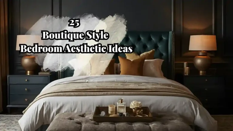 Moody, luxurious boutique-style bedroom with velvet headboard, layered bedding, and warm candlelight boutique style bedroom aesthetic ideas