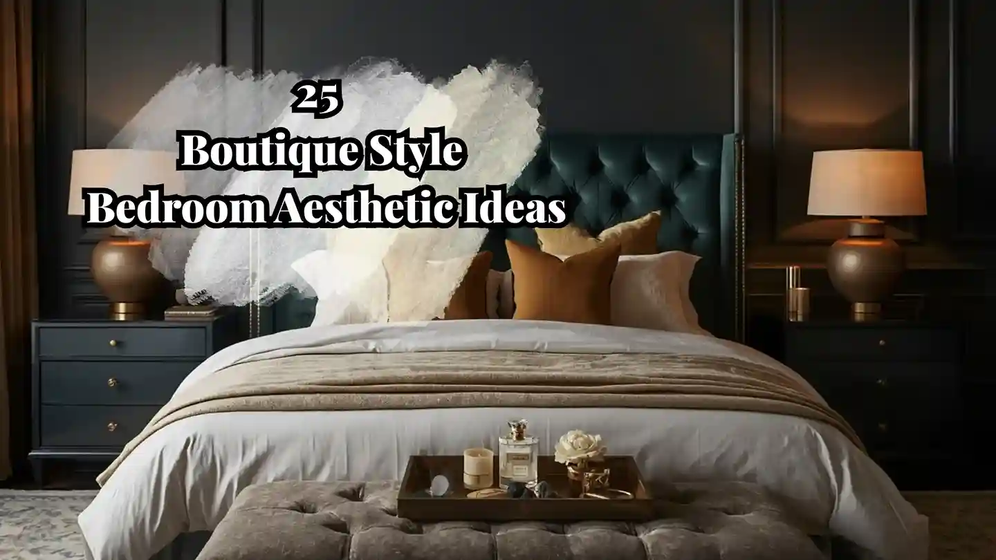 Moody, luxurious boutique-style bedroom with velvet headboard, layered bedding, and warm candlelight boutique style bedroom aesthetic ideas