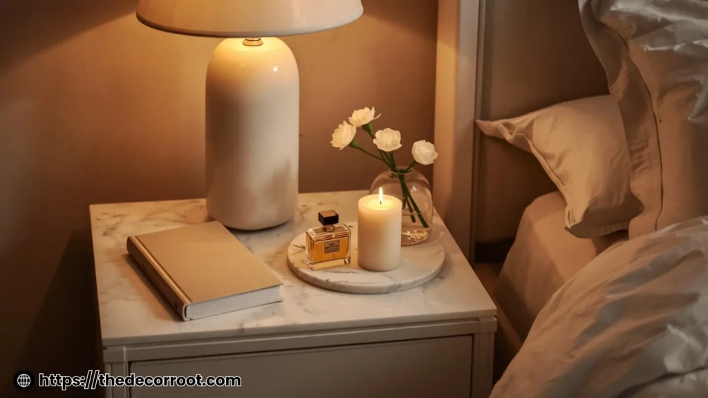 Close-up of a styled boutique bedroom nightstand with sculptural lamp, candle, and fresh florals boutique style bedroom aesthetic ideas