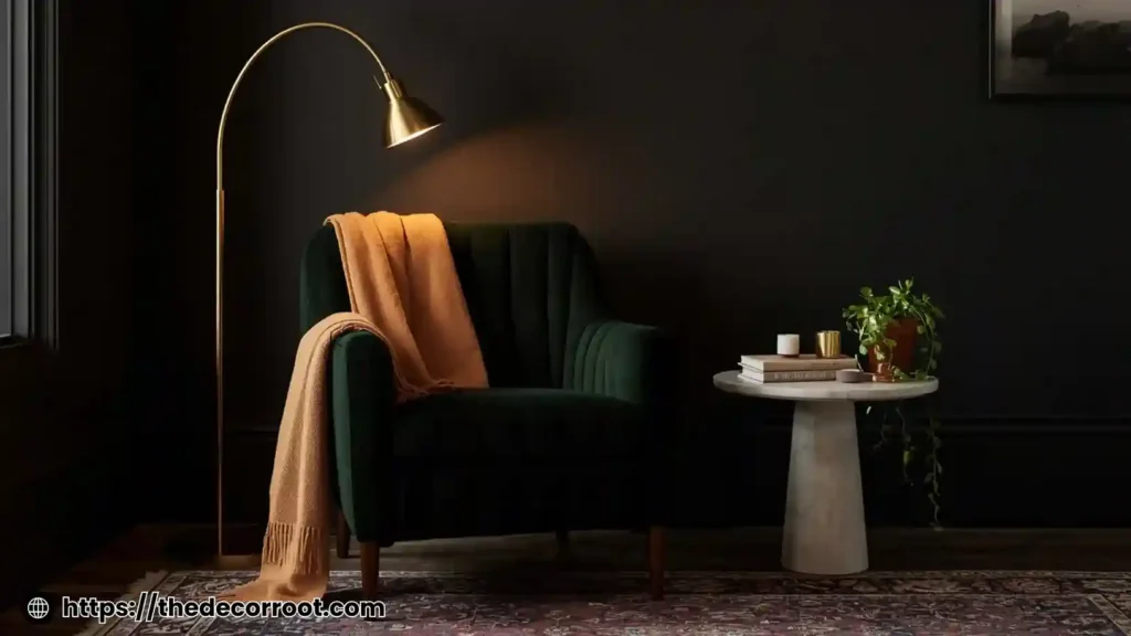 Luxurious boutique bedroom reading corner with velvet armchair, floor lamp, and styled side table boutique style bedroom aesthetic ideas