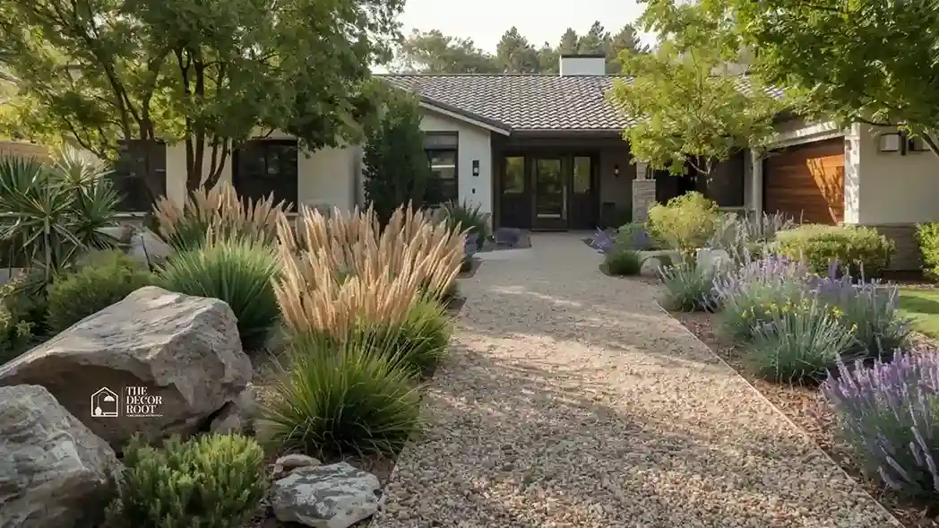 Lush grass-free front yard with drought-tolerant plants, decorative gravel, and a curved stone pathway, creating a vibrant, low-maintenance curb appeal.