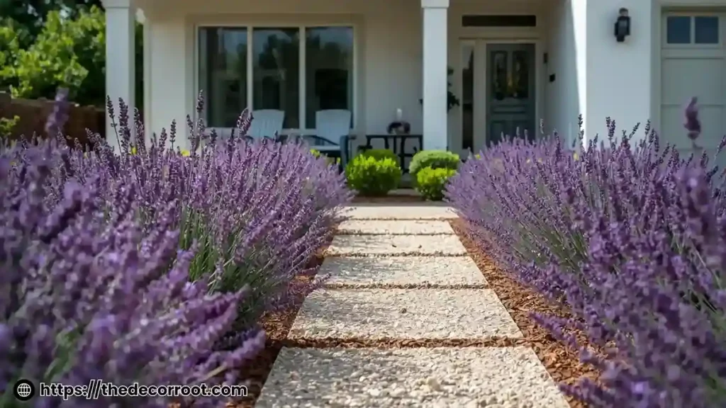 Grass-free front yard ideas with a lavender field and decomposed granite path leading to a modern home