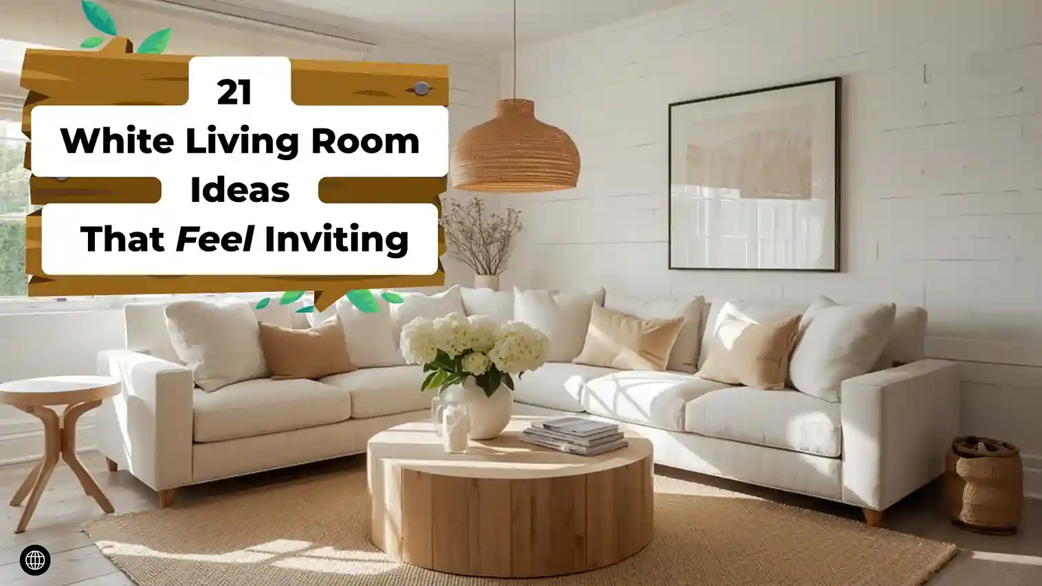 Bright, warm white living room with linen sofa, jute rug, and layered textures — white living room ideas that feel inviting