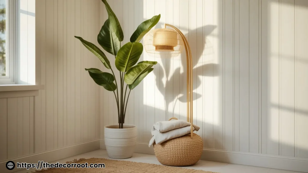 White living room corner with floor lamp, woven basket, and large leafy plant — white living room ideas that feel inviting