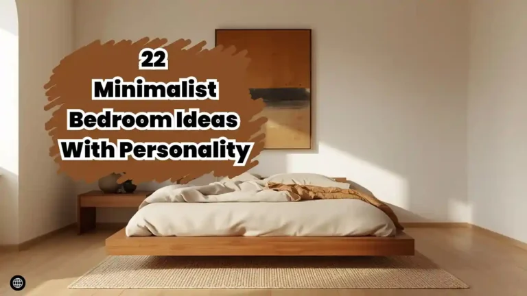 Clean minimalist bedroom with warm wood tones, a single large artwork, and layered linen bedding — minimalist bedroom ideas with personality