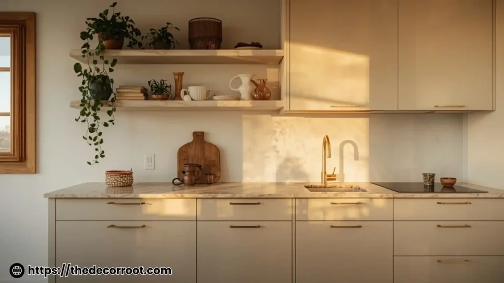Warm neutral kitchen color idea with greige cabinets, marble countertop, and brushed brass fixtures