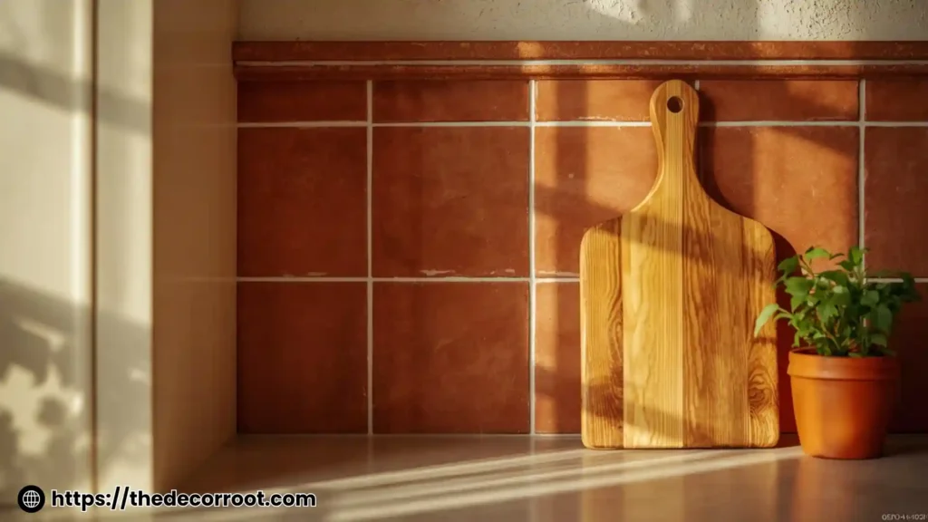 Close-up of warm neutral kitchen color with terracotta tile backsplash and cream cabinet