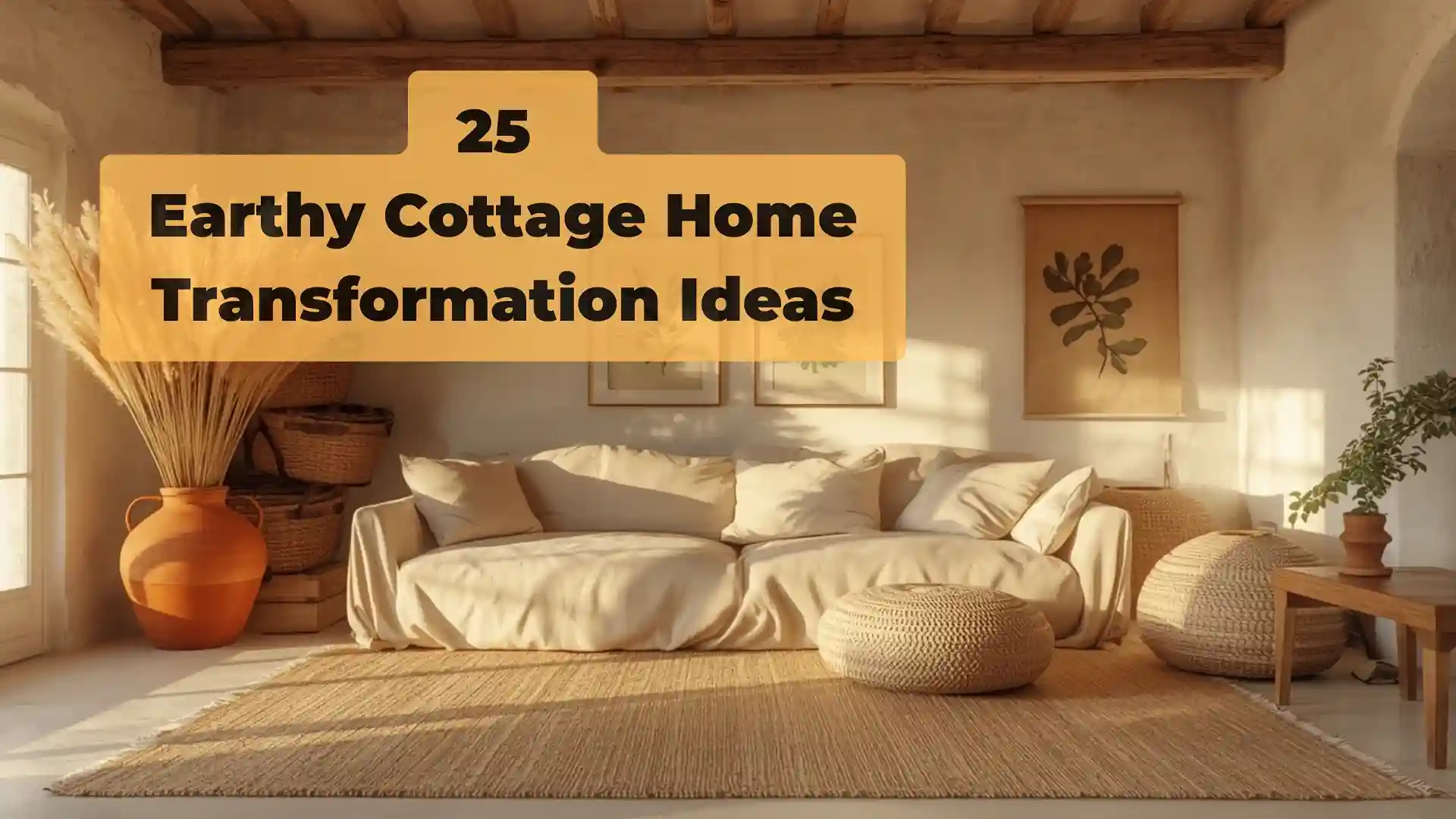 Earthy cottage home transformation ideas with linen sofa, jute rug, dried botanicals, and natural wood accents