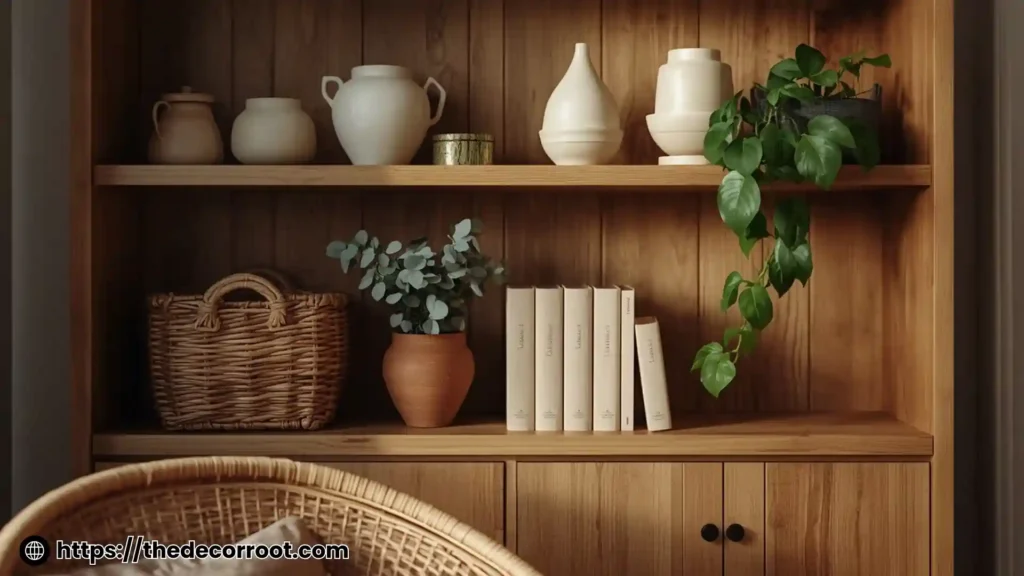Earthy cottage home transformation with rattan chair, dried botanicals, and open wooden shelves