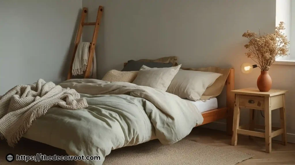 Earthy cottage home transformation bedroom with layered linen bedding and wooden ladder