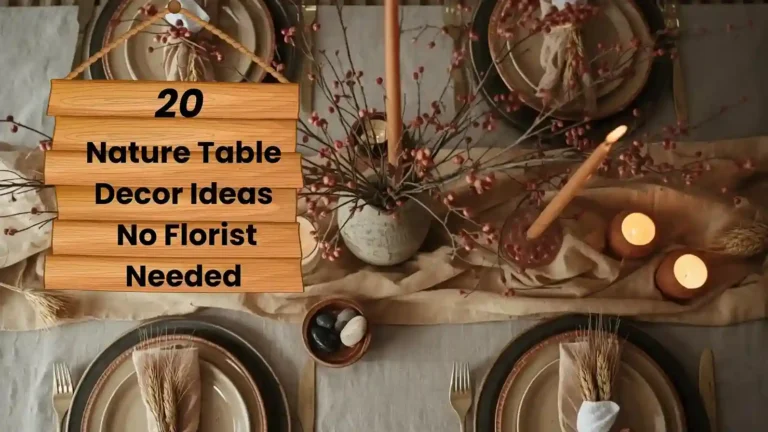 Nature table decor ideas with foraged branches, stone place card holders, linen runner, and terracotta candles