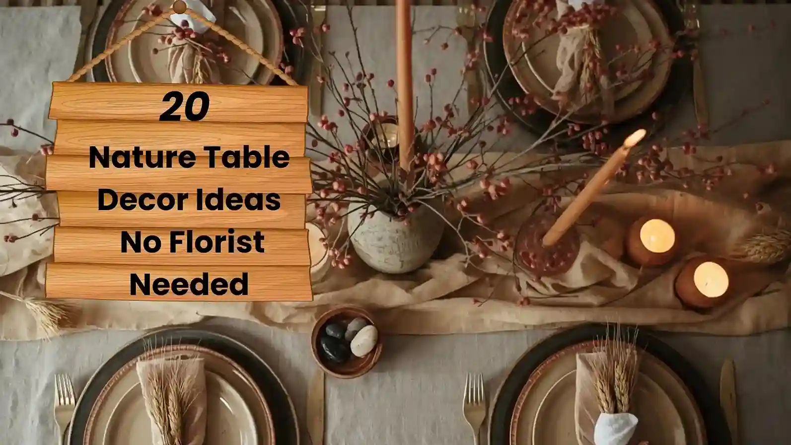 Nature table decor ideas with foraged branches, stone place card holders, linen runner, and terracotta candles