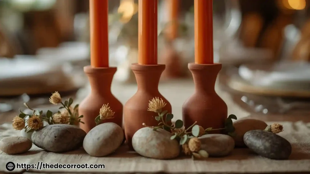 Nature table decor idea with terracotta candle holders, river stones, and dried botanicals on a linen runner