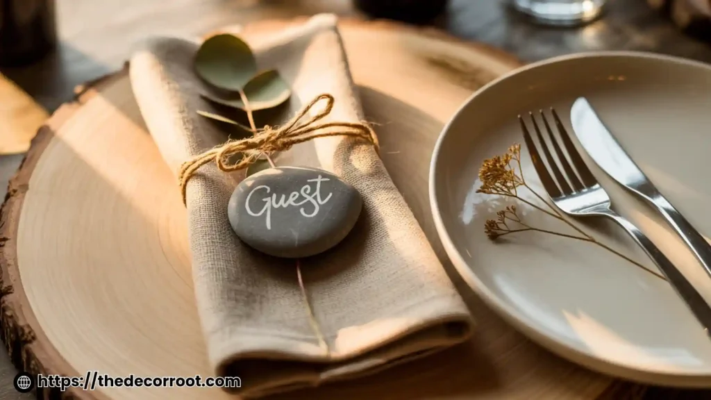 Nature table decor ideas close-up of individual place setting with wooden charger, eucalyptus napkin, and stone place card