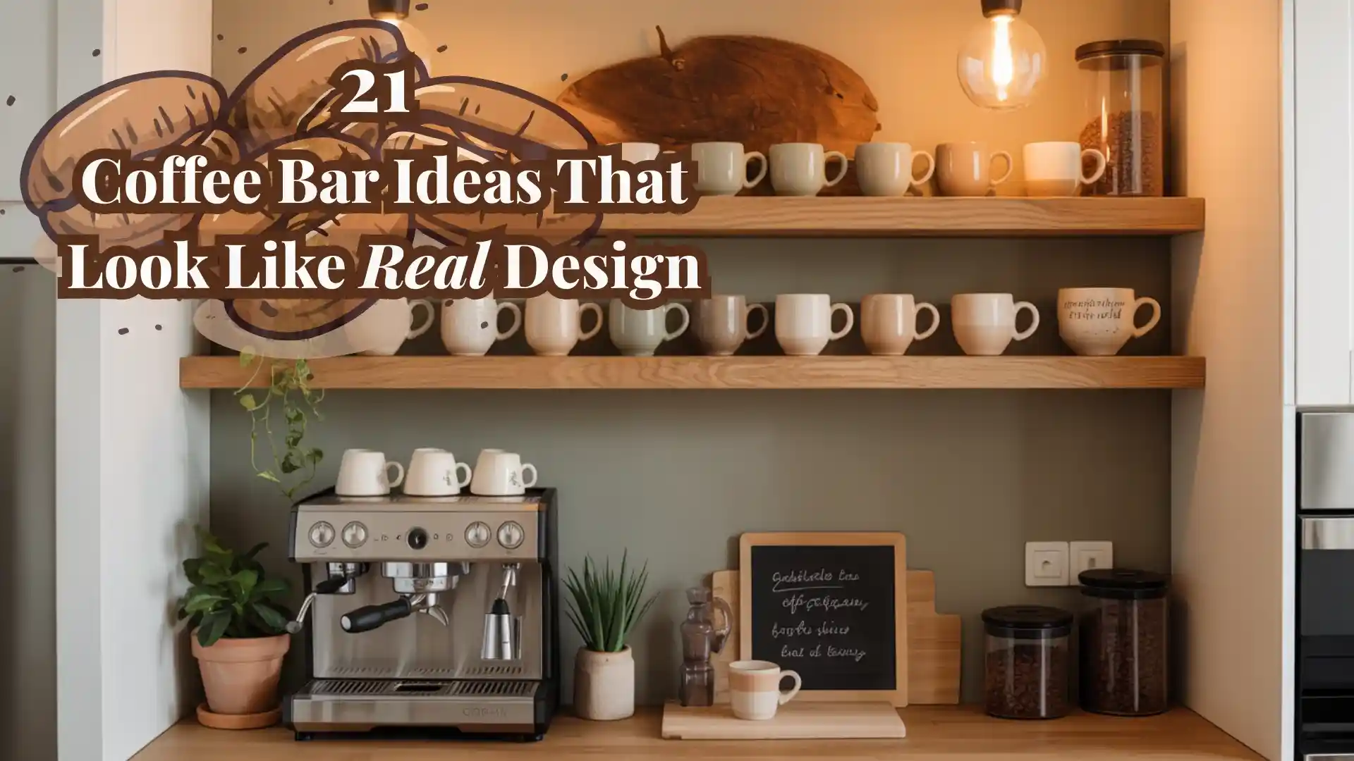 Coffee bar ideas with floating shelves, espresso machine, curated mugs, and warm Edison lighting