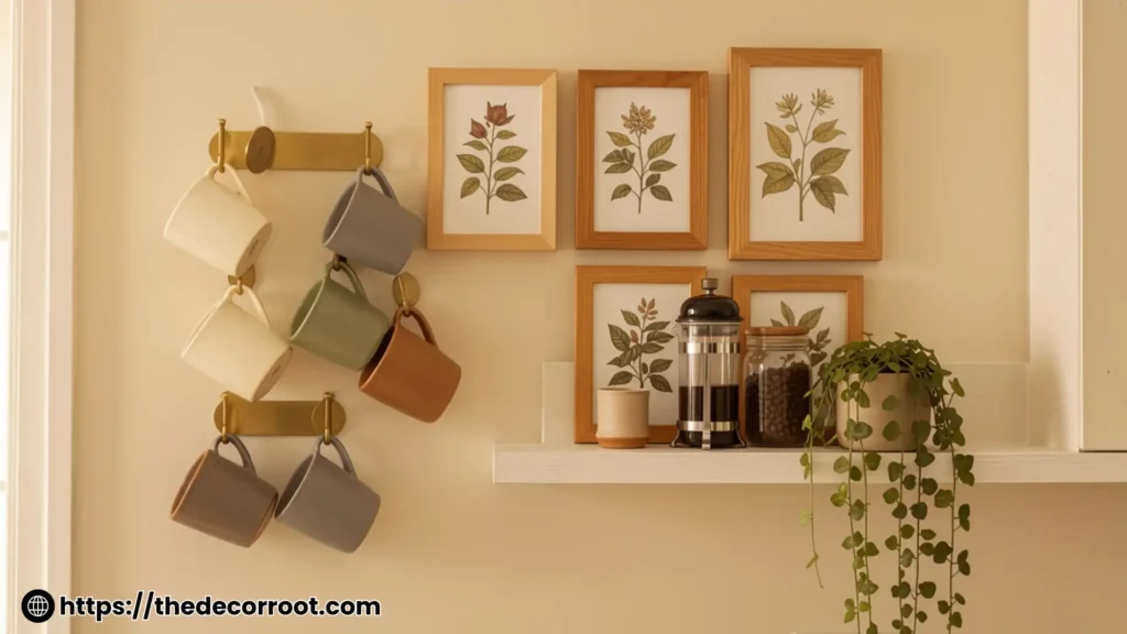Coffee bar ideas with floating shelves, espresso machine, curated mugs, and warm Edison lighting