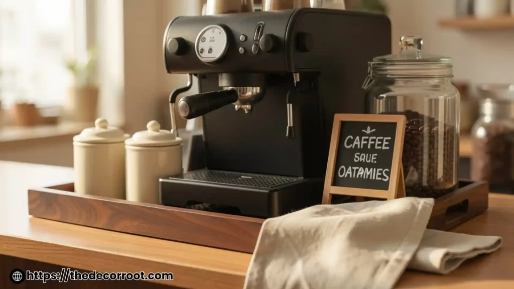 Close-up coffee bar idea with wooden tray, espresso machine, ceramic canisters, and folded linen towel