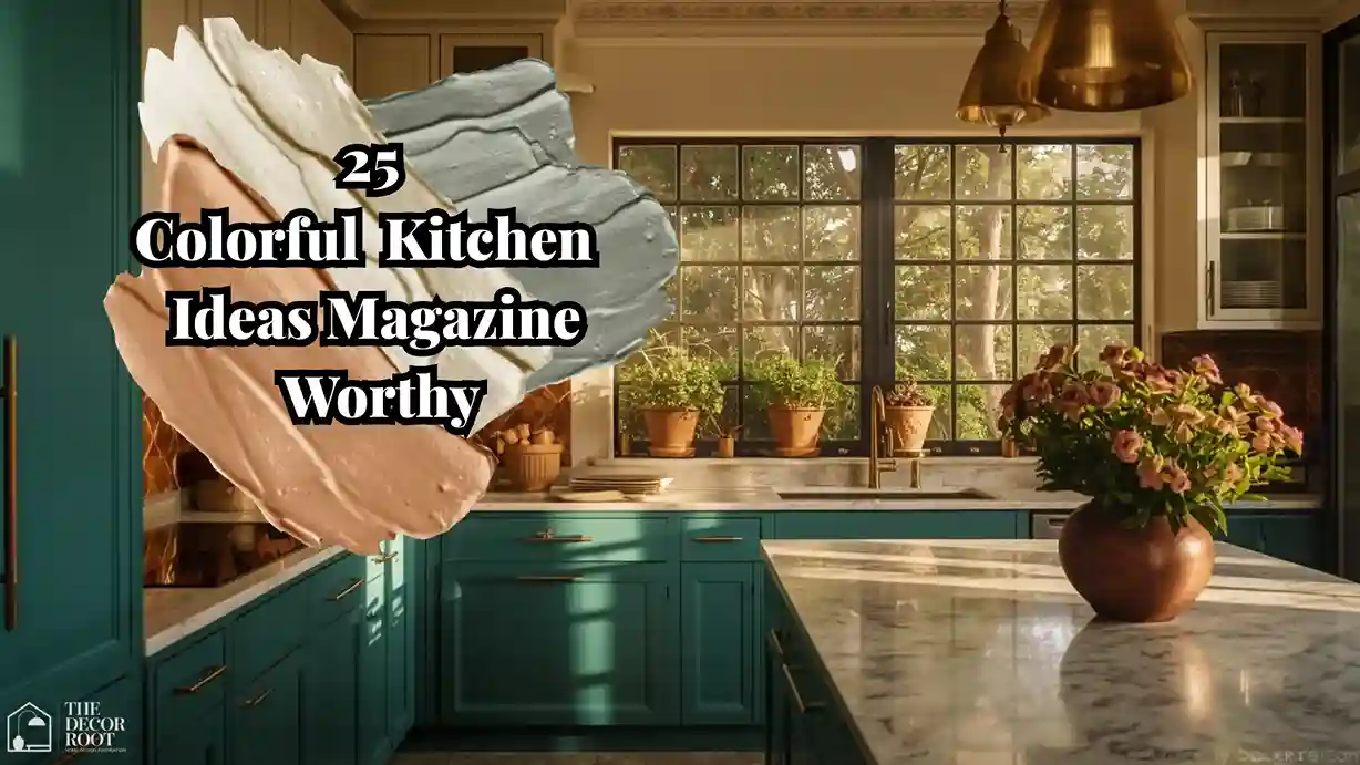 25 colorful kitchen ideas magazine worthy featuring bold teal cabinets, brass hardware, and a geometric tile backsplash