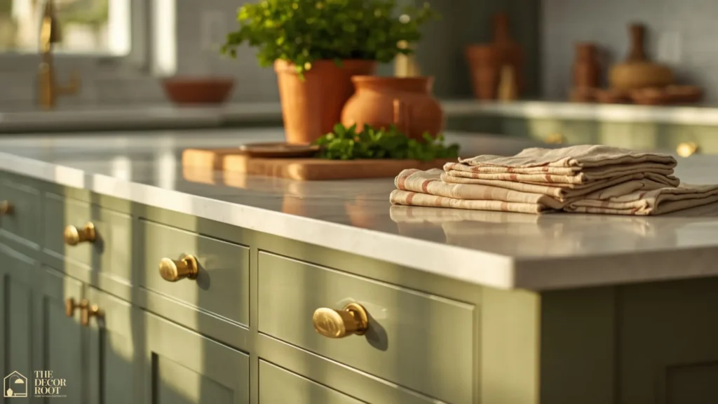 Colorful kitchen ideas magazine worthy sage green island with brass hardware and terracotta pottery styling