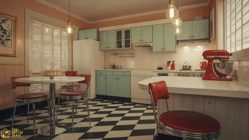 Retro kitchen ideas that look Pinterest ready black and white checkerboard floor with chrome diner stools and pastel cabinetry