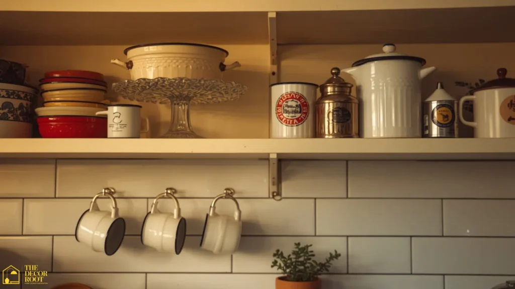 Pinterest ready retro kitchen open shelving styled with enamelware, vintage mugs, and glass cake stands in cream and red tones