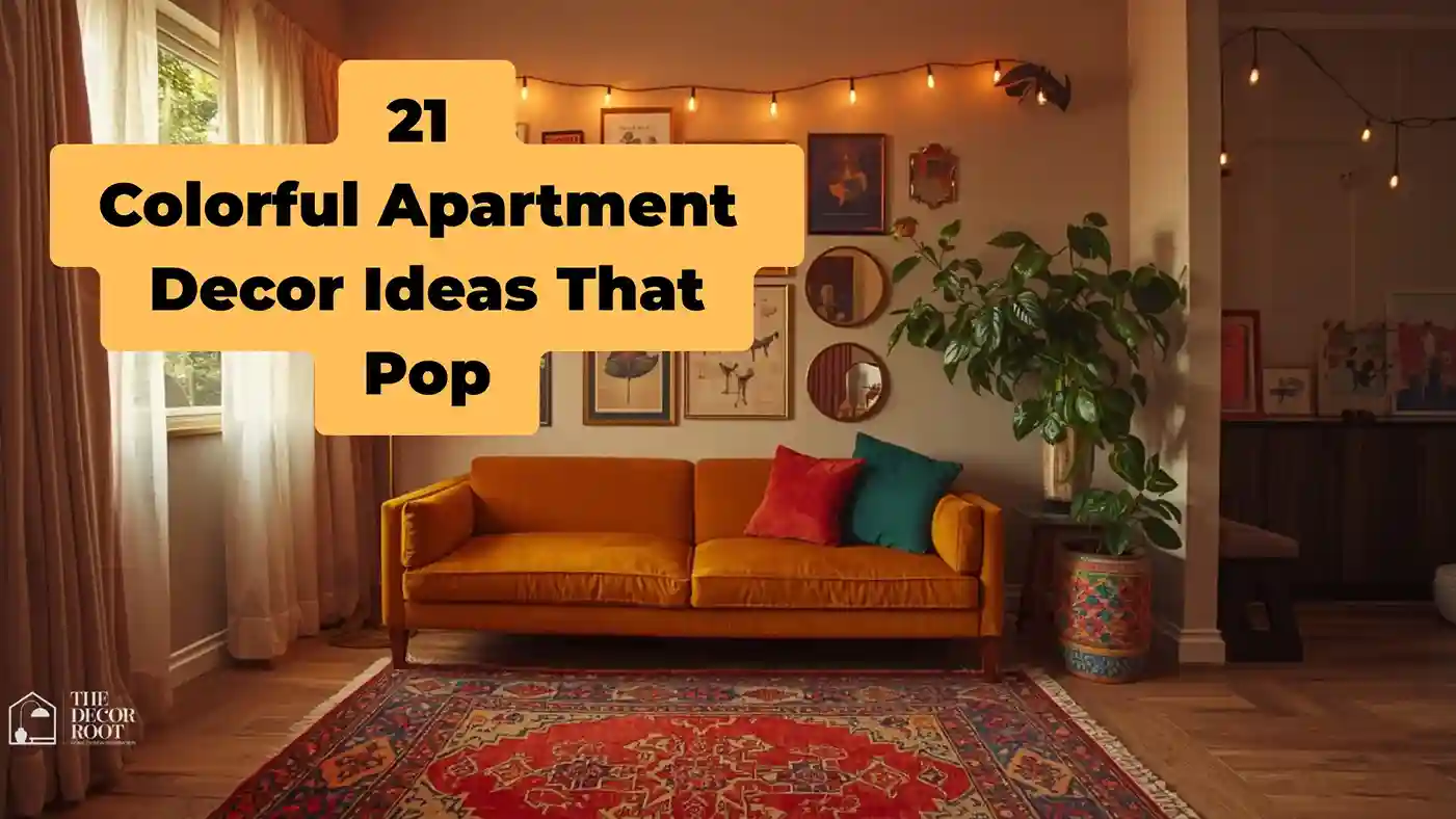 21 colorful apartment decor ideas that pop bold mustard yellow sofa, colorful gallery wall, and layered colorful rugs in a small apartment living room