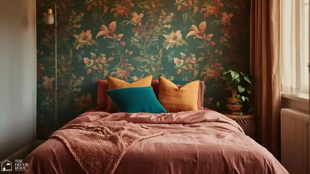 Colorful apartment decor ideas that pop bold patterned bedding with jewel-toned throw pillows and peel-and-stick wallpaper accent wall