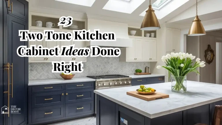 23 two tone kitchen cabinet ideas done right navy lower cabinets paired with cream upper cabinets, brass hardware, and white marble countertop