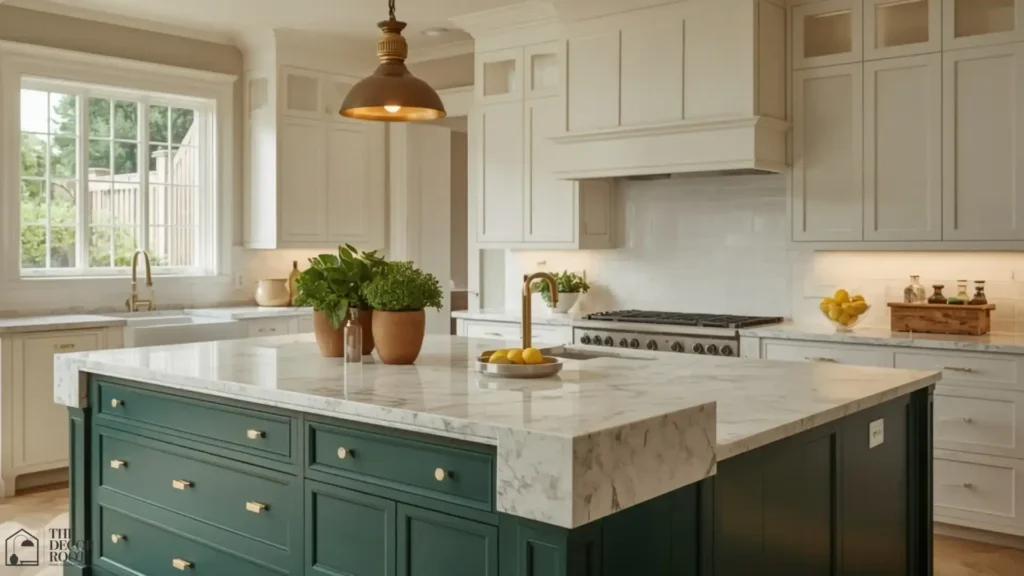 Two tone kitchen cabinet ideas done right forest green island with white perimeter cabinets, brass hardware, and marble countertop
