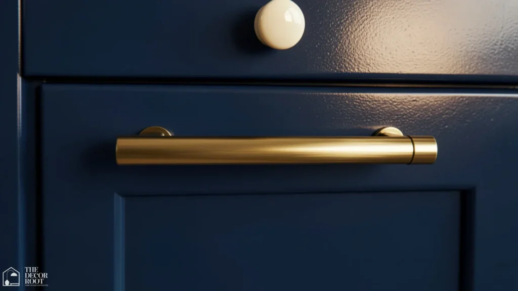 Two tone kitchen cabinet ideas done right close-up of brushed brass hardware on navy blue lower cabinet with cream upper cabinet detail