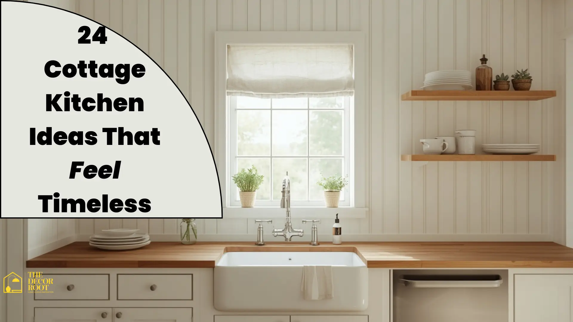 Bright and airy cottage kitchen ideas featuring open shelving, shiplap walls, and a farmhouse sink