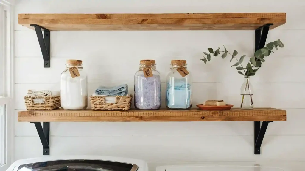 Farmhouse laundry room ideas with styled open shelving, glass canisters, and wicker baskets above a washer dryer