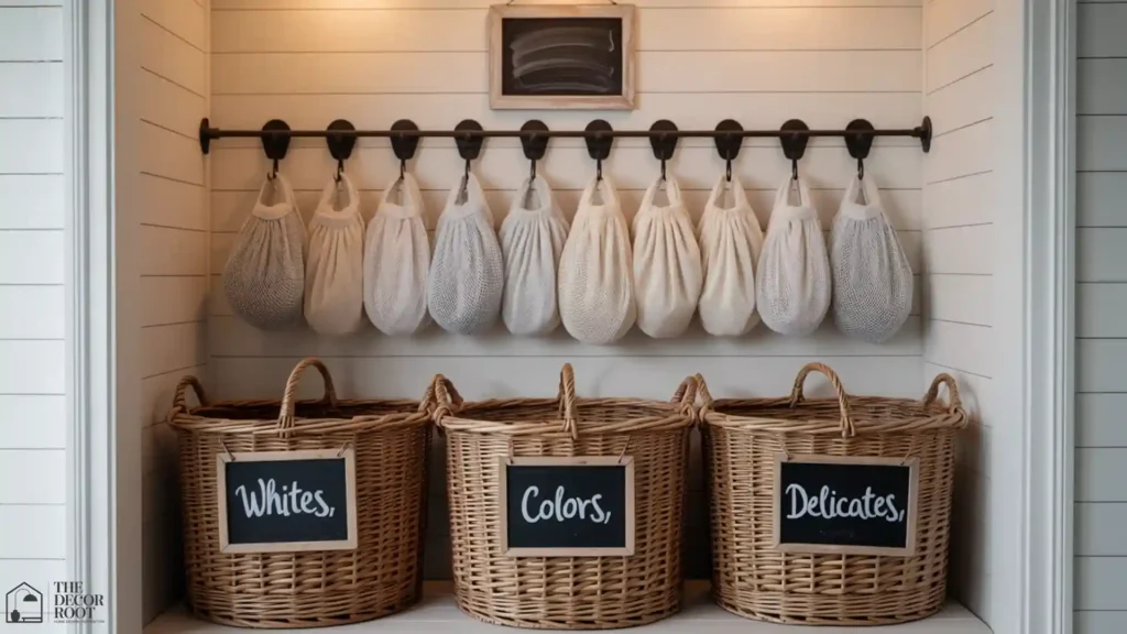 Farmhouse laundry room ideas with a labeled sorting station of wicker baskets and a chalkboard wall