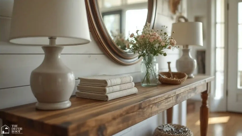 Farmhouse entryway ideas with a styled wooden console table, wildflower vase, vintage mirror, and small lamp