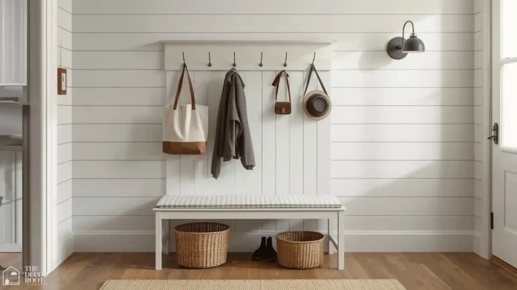 Farmhouse entryway ideas featuring a wooden peg rail with coats, a small bench, and wicker shoe baskets on the floor