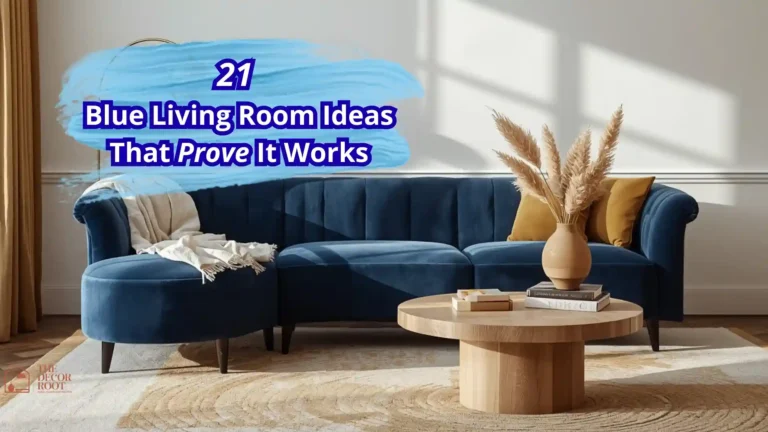 Blue living room ideas with a deep navy velvet sofa, white walls, brass accents, and warm layered textiles