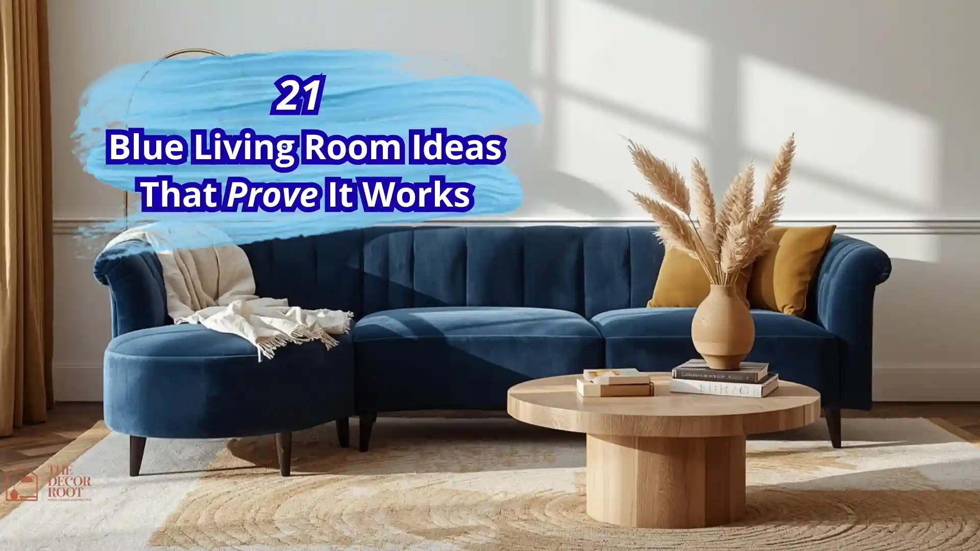 Blue living room ideas with a deep navy velvet sofa, white walls, brass accents, and warm layered textiles