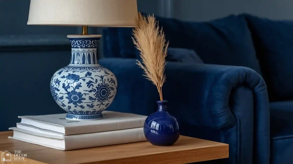 Blue living room ideas detail shot with blue and white ceramic lamp, books, and dried pampas grass on a wooden side table