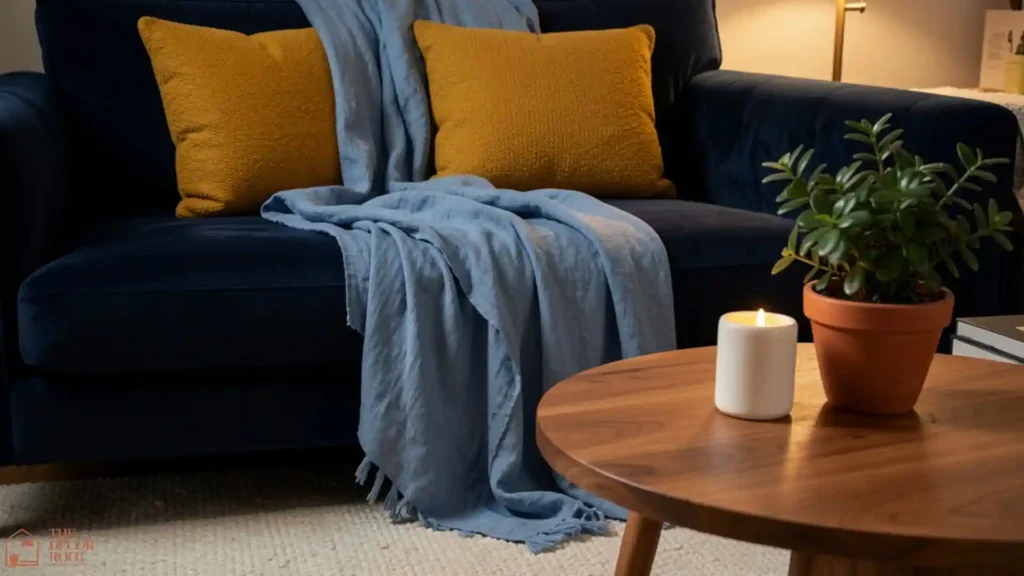 Blue living room ideas with a velvet navy sofa, blue linen throw blanket, mustard cushion, and warm wood coffee table