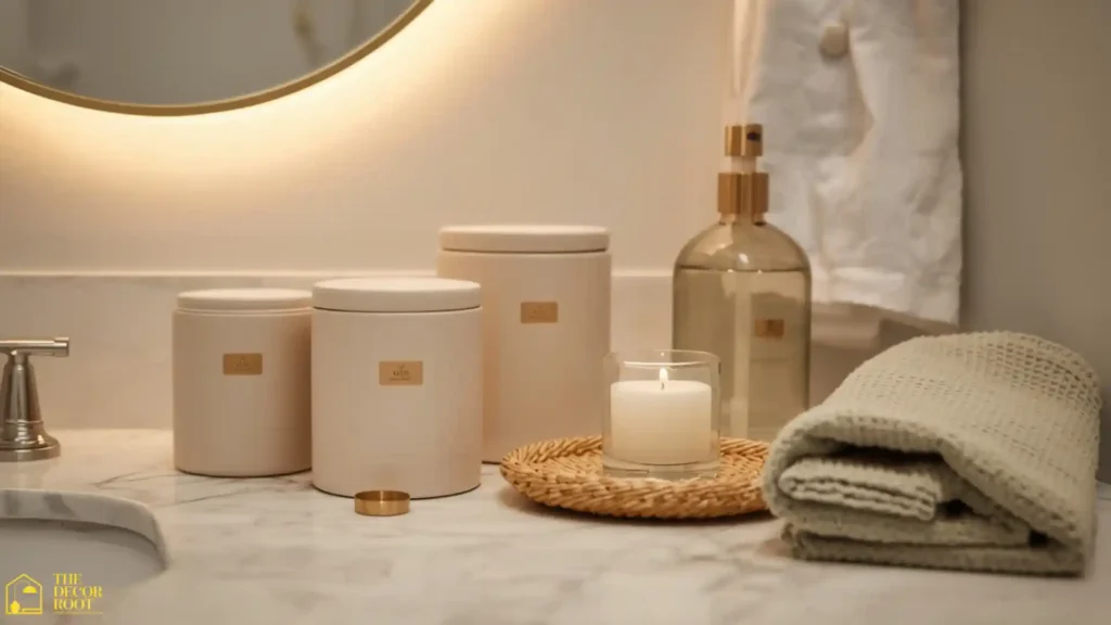 Bathroom counter glow up ideas with matching ceramic canister set, skincare bottles, and gold accents