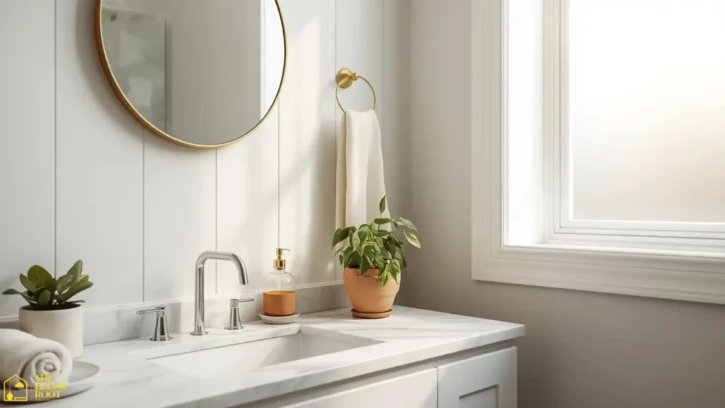 Minimalist bathroom counter glow up ideas with round brass mirror, green plant, and clean linen towel