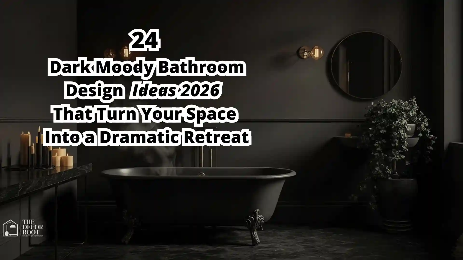 Dark moody bathroom design ideas 2026 with charcoal walls, black fixtures, and warm candlelight