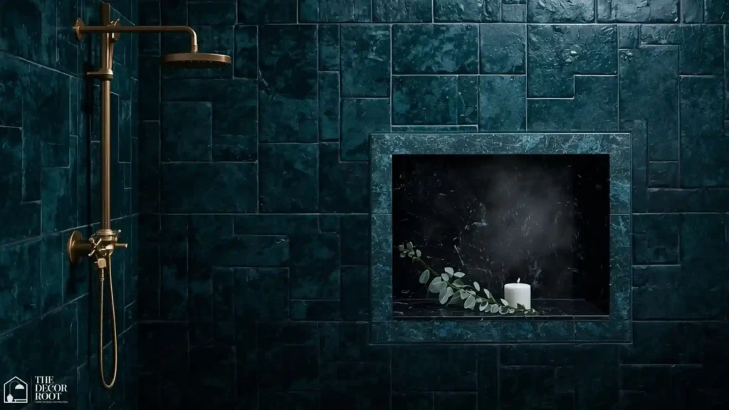 Dark moody bathroom design ideas 2026 with deep teal Zellige tile and aged brass faucet