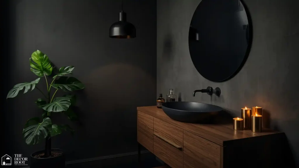 Dark moody bathroom design ideas 2026 with black vanity, monstera plant, and brass pendant light