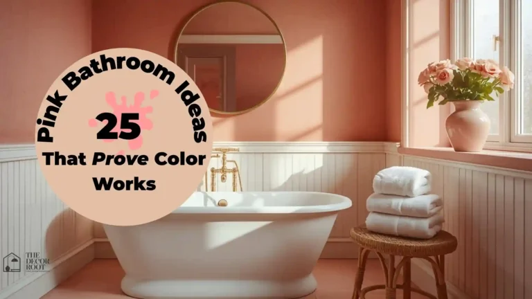 Pink bathroom ideas with blush plaster walls, gold fixtures, and fresh white towels