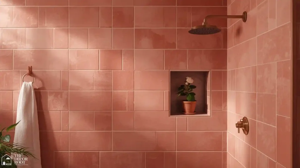 Pink bathroom ideas with dusty rose Zellige tile, sage green plant, and brass faucet