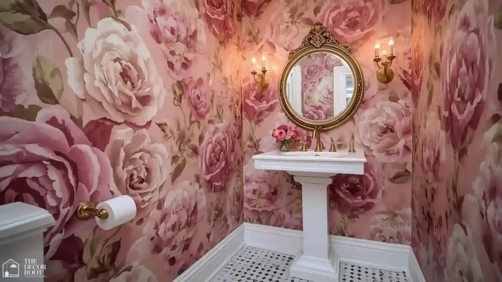 Bold pink bathroom ideas with floor-to-ceiling floral wallpaper, gold mirror, and white fixtures
